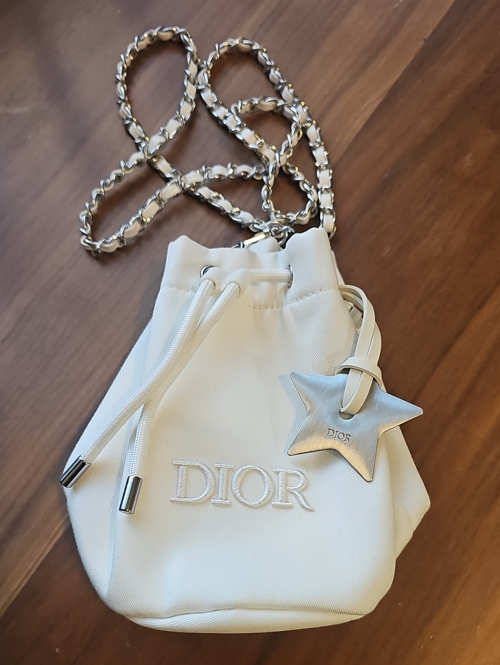 Dior White Drawstring Mini Bucket Bag with Star Charm